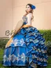 Robes de Quinceanera de broderie de luxe bleu royal robes mexicaines de quincea époque élégantes chérie volants à plusieurs niveaux bal formel P2502