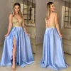 Goldene sexy Rückenless Applika Prom Kleider hellblau Satin Spaghetti -Träger Seitenschlitz bodenlange maßgeschneiderte Abendkleiderkleider