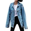 Jaycosin Dames Denim Jas Effen Lange Mouwen Turn-down Collar Jean Jacket Denim Blue Modieuze Retro Cowboy Losse Casual Jacket