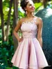 Sexy Sheer Neck Pink Homecoming Cocktail Dresses Knee Length A Line Appliques Arabic Short Prom Gowns Party Pageant Wear Cocktail Party Gown