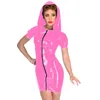 12 Renkler Gotik Kapşonlu PVC Mini Elbise Seksi Fermuar Ön Bodycon Elbise Kadın Cadı Cosplay Kostüm Yenilik Kısa Kollu Vestido