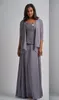 Tre stycken Chiffon Mother of the Bride Dress Square Neck Long Sleeve Jacket Grey Mother's Dresses Plus storlek golvlängd formella klänningar