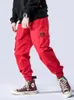 أزياء الشارع الشهير الرجال الجينز الحريم السراويل النمط الياباني جيب البضائع السراويل hombre الأحمر فضفاض صالح الهيب هوب ركض الرجال