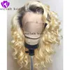 Fashion Hair Ombre Blond koronkowy przednia peruka syntetycznych fali ciała z ciemnym korzeniem dla czarnych kobiet odpornych na ciepło 180 gęstość9119226