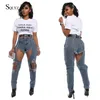 Nouveau Grande taille 2XL déchiré jean femmes irrégulière déchiré trou Denim jean femmes taille haute pantalon salopette femme déchiré pantalon