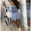 Casual Women Shirts Dress Elegant Off Shoulder Striped Dresses Short Bow Ties Summer Dress Vestidos