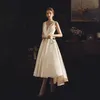 Tea Length Satin High Low Aline Short Wedding Dresses V Neck Sleeveless Hi Lo Women Informal Short Bridal Gowns Custom Made5350360