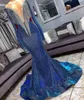 2019 robes de bal sirène paillettes bleu pailleté perlé col transparent manches longues sirène robes de soirée avec des glands longues robes formelles ga302w