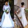 2019 Spring Country Lace Mermaid Bröllopsklänningar med långa ärmar Avtagbara tåg Juvel Neck Vit Afrikansk Nigerian Lace Bridal Gown