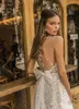 Sparkly 2019 Berta Beach Brautkleider Sheer V-Ausschnitt Perlen Pailletten Spitze Tüll Boho Brautkleider Eine Linie Sexy Illusion Hochzeitskleid