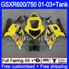 + Tank för Suzuki GSXR 600 750 GSXR-750 GSXR600 2001 2002 2003 294HM.59 GSX R750 R600 K1 Stock Yellow Hot GSX-R600 GSXR750 01 02 03 Fairing