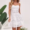 Günlük Elbiseler Yaz Kadın Midi Elbise 2021 Bohemian Zarif Beyaz Dantel Parti Vintage Düğme Backless Seksi Giysiler