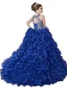 Princesse Royal Blue Girls Pageant Robes Organza À Volants Perles De Cristal Sans Manches Robes De Bal Enfants Fête Pour Mariage Robes De Fille De Fleur