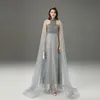 Women's Runway Dresses O Neck Sleeveless Sexy Tulle Laid Over Long Cape Elegant Party Prom Dresses