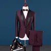 Custom Made Groomsmen Shawl Lapel Groom Tuxedos Burgundy Men Suits Wedding Prom Dinner Blazer Jacket Pants Vest Tie M115349z