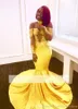 Sexy Yellow Black Girls Lace Mermaid Prom Dresses Długie Rękawy Backless Satynowy Długość Piętra Formalna Nosić Suknie Wieczorowe Ogstuff Vestdos