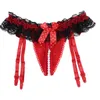 Kvinnor Sexiga Underkläder Crotchless Panties Sissy Briefs Pearl Chain Ruffle Lace Bowknot Låg Rise G-String Underkläder med Garters