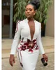 Sirène blanche Sexy 2019 robes de soirée africaines col haut manches longues appliques robes de bal col en v profond robe de soirée formelle3088