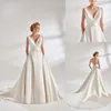 Eddy K Couture Abito da sposa linea A con bottoni ricoperti con scollo a V maniche abiti da sposa in raso Abiti da sposa con strascico