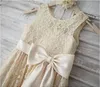 2019 Lovely Real Image Champagne Lace Flower Girl Dresses Removable Bow Sash Sleeveless Jewel Vintage Knee-length Kid's Gowns