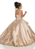 2022 Champagne Hot Puffy Flower Girls Robes Jewek Dentelle Appliques Cristal Perlé Princesse Robe De Bal Corset Retour Anniversaire Filles Communion Pageant Robes