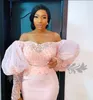 2020 nigerianas Mermaid Dresses Prom fora do ombro rendas frisado cetim Puff mangas Sexy Abertas Ocasião Voltar Especial vestidos de noite formal do partido
