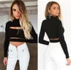 Sexy Frauen Langarm Cut Out T Shirts Crop Tops Clubwear Mode Damen Sommer Heißer Baumwolle Schwarz Aushöhlen Löcher t-shirt Heißer