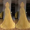 Popular Good Quality Glitter Mermaid Evening Dresses Sexy High-neck Sleeveless Sequins Feather Prom Dress Sweep Train Special Occasion Gowns