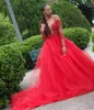 Prom Dresses Red rilievo a picco collo africano maniche lunghe da sera Una linea di Tulle sweep treno più il vestito formale