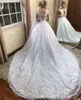 Arabic Long Sleeve Ball Gown Wedding Dresses Off Shoulder Lace Appliqued Bridal Gowns With Court Train Plus Size Maternity Dress M100