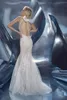 Sereia Vestidos de Noiva Voltar Voltar Arco Oco Appliques Rhinestone Lantejoulas Tule com Glitter Vestidos de Casamento Piso Comprimento Vestidos de Novia