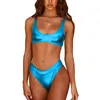 Plus Size Sexy glänzender Micro-Bikini für Damen, Sommer, klassischer Badeanzug, 2-teiliges Set, ärmelloses Crop-Top mit hoch geschnittenen Slips