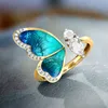 Fantasy Blue Butterfly Wings Gold Open Finger Rings Charms Jewelry Fashion Adjustable Rhinestone Party Rings For Women