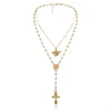 Mode Retro Perle Engel Kreuz Geometrische Halskette Für Frauen Gold Silber Farbe Lange Kette Kragen Boho Layered Choker Halskette