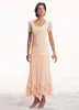 花嫁のドレスの桃のマザーエレガントスクープネック半袖レーストップシフォンアンクルレングスカスタムウェディングイブニングパーティープロムガウン