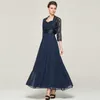 Nieuwe Thee-lengte 3/4 Mouw Donkerblauw Chiffon Kant Met Kant A-lijn Moeder Van De Bruid Galajurken vestidos De Novia