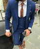 Hoge Kwaliteit Bruidegom Tuxedos Slanke Past Blauwe Toepassing Revers Man Werkpak Trouwjurk Blazer Party Suits (jas + Broek + Vest + Tie) J672