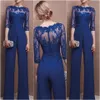 Waishidress Fashion Royal Blue Mother of the Bruid Pant Suits Chiffon Kant Bateau Lange Mouwen Bruiloft Moeders Gastjurk Op maat gemaakt