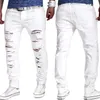 2017 heren broek gat gesneden brocks knie met rits voet stretch broeken gescheurde jeans witte skinny potlood broek joggers voor man