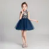 Blue Tulle Flower Girls Dresses Pearls Appliques Niños Princesa Dama de honor Ropa Hi-LoL Pago Pagento Vestido de vacaciones Primera Comunión Vestidos