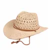 カウボーイハット夏の帽子の男性女性の紙のわら織りワイドブリム中空アウト麦わら帽子風ストラップウインズビーチ帽子
