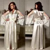 Sexy Silk Wedding Robes Gown For Women Lace Appliques Custom Long Sleeve Lingerie Bridal Sleepwear Nightgown Bathrobes