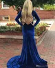 Blue Royal Sexy Veet Mermaid Prom Dresses V Neck Long Mouwen Hoge Split Floor Lengte Backless avondjurk Feestjurken Ogstuff