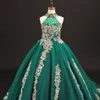 Vestidos del desfile de las muchachas verdes de la vendimia Cuello alto con un aplique de tren largo Vestido de niña de las flores de cristal con cuentas para la boda Fiesta de los niños vetement