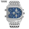 Temeite Top Brand Mäns Big Dial 3 Time Zone Business Square Quartz Klockor Män Militär Vattentät Armbandsur Relogio Masculino