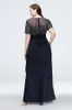 Black Sequined Plus Size Evening Dresses Sheer Jewel Neck A Line Short Sleeves Beaded Prom Gowns Floor Length Chiffon Formal Dress