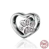 925 Sterling Silver Cat Footprints Print Armband Charm Puppy Dog Paw Heart-Shape Bead Lämplig för armele DIY-smycken Tillbehör