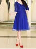 Elegant Blue Plus Size Mother of the Bride Dresses V-Neck Half Sleeves Zipper Back Applique with Beads Cheap Party Dress