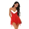 Women Festive Red Lace Cups Mesh Babydoll Christmas Holiday Chemise with White Fuzzy Bustline and Irregular Hem Sexy Lingerie Intimate