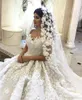 luxuosa do laço Dubai arabic Bola Vestidos Vestido de casamento 3 D Floral Lace Applique frisada Puffy Sweep Trem vestidos de noiva vestidos de noiva BC2950